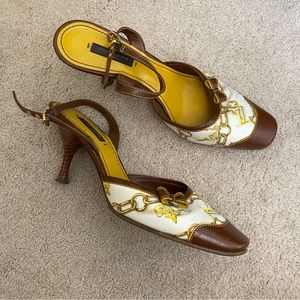 LV vintage monogram fabric cap toe strappy heels